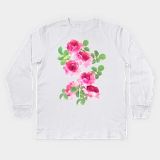 Raspberry Pink Painted Roses on White Kids Long Sleeve T-Shirt